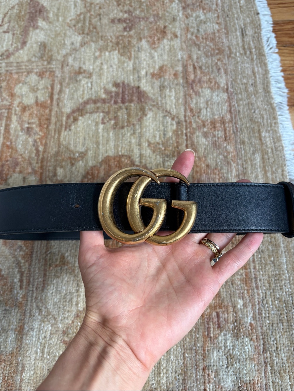 Gucci "GG Marmont" Wide Leather Belt — Antique Gold Double G Buckle - 36.5